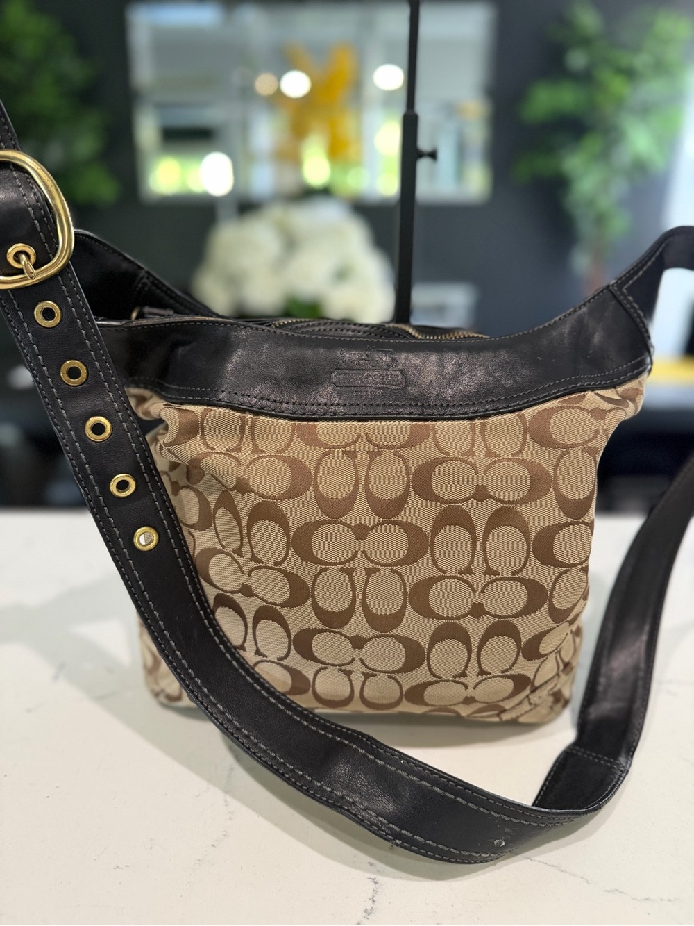 Coach Bleecker Khaki Signature Canvas Crossbody with Black Leather Trim Hobo Bag